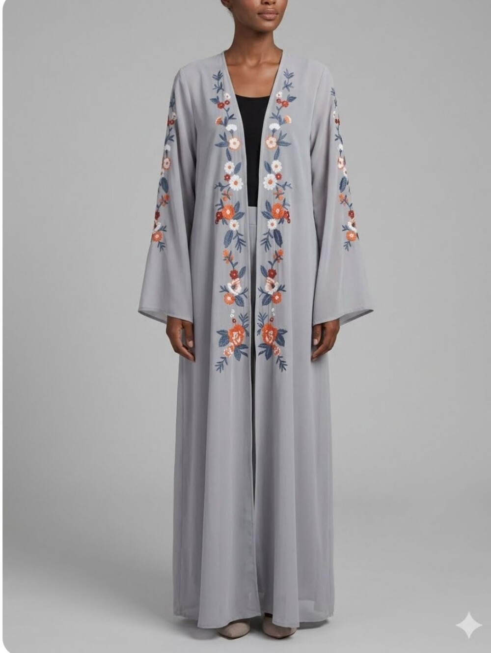 Peach Love California Gray Embroidered Floral Maxi Duster Kimono, Size L